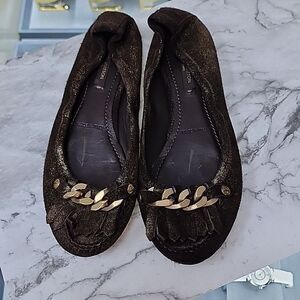 Authentic Louis Vuitton Brown Gold Suede Glitter Sheen Ballet Flats Size 36